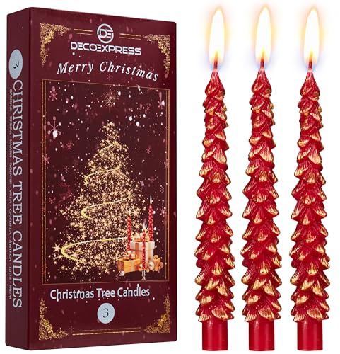 Deco Express Vela Arbol Navidad, Decoración de Navidad Casa, Pack de 3 Velas Decorativas Originales, Larga Duracion 7 Horas, Regalo Mujer (Rojo/Oro 3 Pcs)