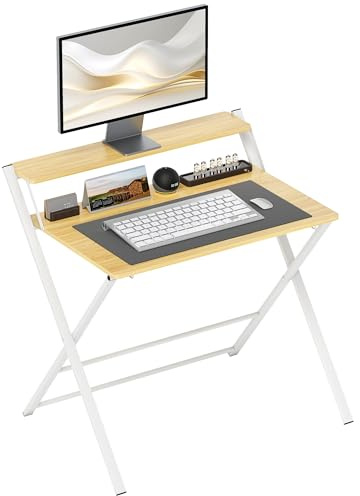 HOMCOM Compact Folding Desk for Small Spaces, Foldable Computer Desk with Storage Shelf for Home Office, 2-Tier Study Writing Table, 86 x 66 x 82 cm, Maple Wood-effect