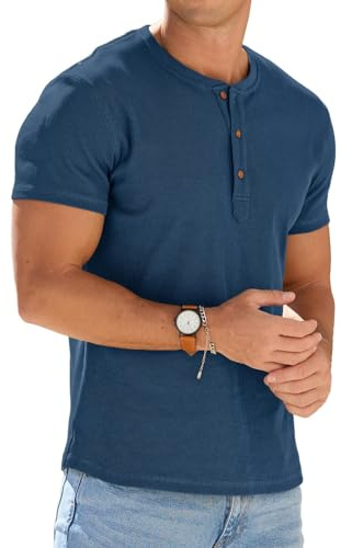 PrinStory Henley T-shirt da uomo in cotone a maniche corte top estate muscolare slim fit t-shirt per uomo atletico golf Activewear