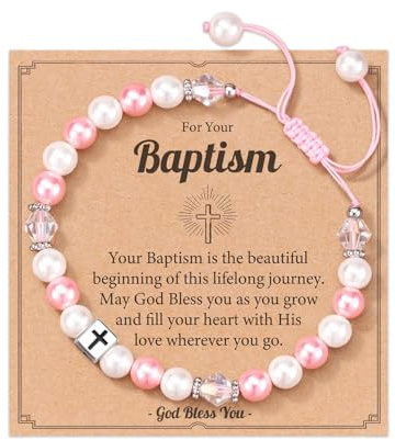 Adjustable Pink White Pearl Bracelet with Cross Charm, First Holy Communion Gifts for Girls with Message Card, Baptism Gifts Communion Gift for Girls