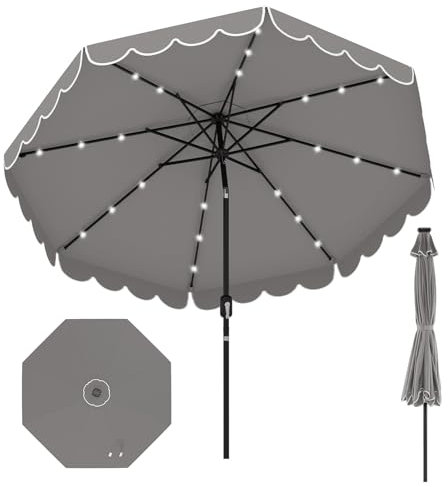 COSTWAY 10FT/3M Solar Garden Parasol, 8 Ribs Heavy-Duty Sun Shade Canopy with 24 LED Lights, Crank Handle, Tilt Adjustment and Ruffled Edges, Outdoor 2-Tier Market Table Umbrella (Gray)
