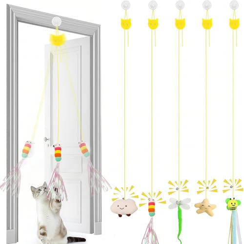 Speedy Panther Interactive Cat Feather Toys Set, 5 Pcs Hanging Door Teaser, Self-Play Kitten Exercise Toy, Entertain Chasing Play Toys