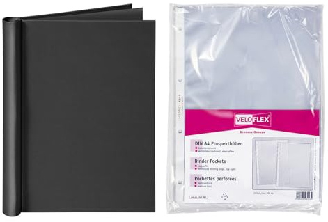 VELOFLEX A494438 - Classeur à pince VELOCOLOR DIN A4, noir, avec 10 pochettes transparentes, indéchirables, classeur à pince pouvant contenir jusqu'à 150 feuilles