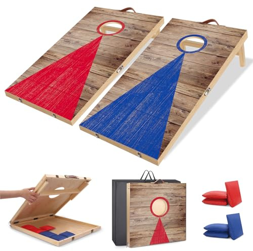 NZQXJXZ Ensemble de Jeu de Cornhole en Bois Massif pour Adultes et Famille | 60 x 40 cm Planches de Cornhole Pliables avec 6 poufs et Un Sac de Transport, Jeux de Lancer de poufs Portables