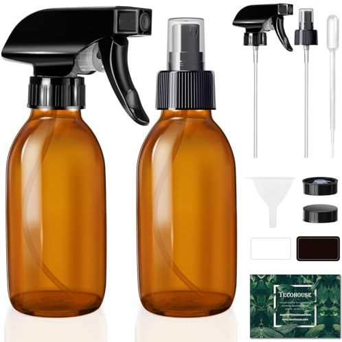 Tecohouse Glass Spray Bottles 4 OZ, Amber Empty Spray Bottle for Essential Oils, Small Glass Bottles for Cleaning Solutions, Plants, with Durable Nozzle, Labels, Funnel, Pipettes