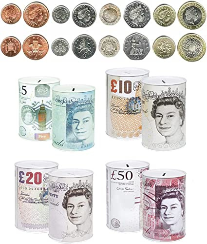 Money Tin (15–22cm) Pound Notes Design Money Saving Box, Piggy Bank for Kids & Adults and Money Box for Kids, Metal Coin and Cash Holder, Assorted £5 £10 £20 £50 Note Style
