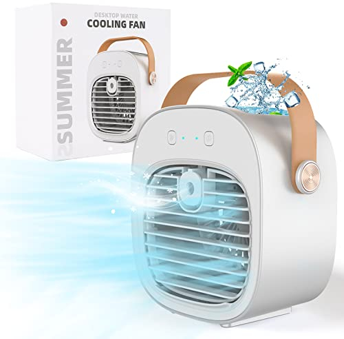 Refroidisseur d'air portable, mini climatiseur personnel, 2 en 1 petits refroidisseurs par évaporation avec poignée/humidificateur/ventilateur de refroidissement à 3 vitesses pour voyage, bureau et