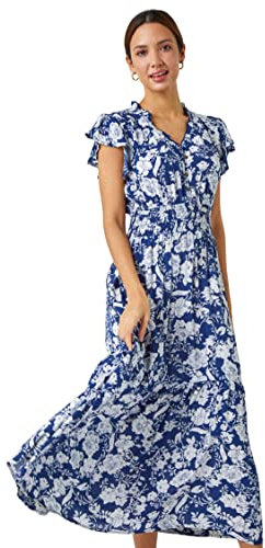 Roman Originals Shirred Empire Waist Dress for Women UK Ladies Midi Maxi Summer Spring Tiered Frill Hem Short Sleeve V Neck Button Through Boho Bohemian Holiday Cruise - Navy & White - Size 16