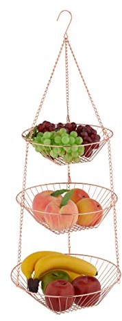 Relaxdays Obstkorb hängend, H x D: 73 x 28 cm, 3 Etagen, Stahl, runder Hängekorb für Obst & Gemüse, Obstschale, Kupfer