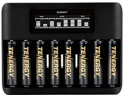 Tenergy 8 Count AA NiMH Premium Pro Rechargeable Batteries and TN480U 8-Bay LCD Display Fast Charger