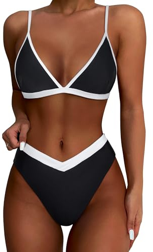 SUUKSESS Women Triangle High Cut Bikini Sets Sexy High Waisted Color Block Two Piece Swimsuits Push Up Bathing Suits(Black White,L)