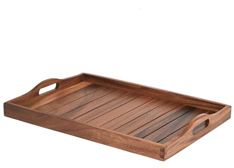 Large Acacia Wooden Serving Tray with Handles 50.5 x 35.3 cm Decorative Coffee Table Ottoman Tray for Living Room Extra Large for Dinner Food Bar Breakfast in Bed (Color Light Brown)
