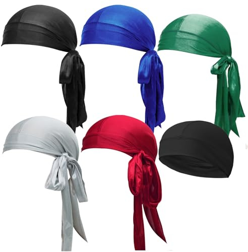 VEGCOO Gorros Durag sedosos, juego de colas largas y 1 gorro Durag, seda de calidad superior, no arrugables, ultra suaves, elásticos para hombres y mujeres, a, Talla única