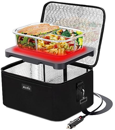 Aotto Portable Oven Electric Lunch Box Food Heater - 12V/24V 2-in-1 Car Food Warmer Heated Lunch Box for Adults Reheating and Keeping Lunch/Dinner Warm in Car/Truck/Travel, Black