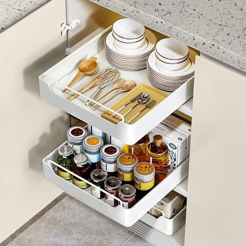PUWOWYE Cajón Telescópico, Cajones Extraibles para Cocina, Cajón Deslizante Para Alacena para Armarios de Cocina, Salón, Hogar (25 cm An x 43 cm F x 7 cm Al), No Requiere Taladrar, Blanco