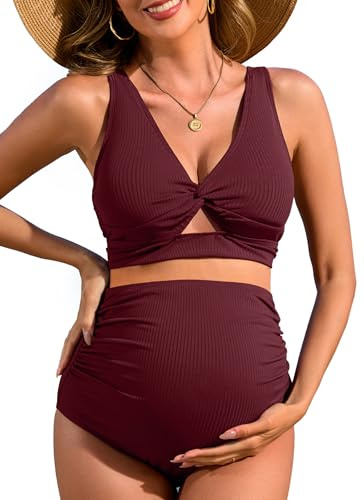 Charmo Maternity High Waisted Swim Bottoms Pregnancy Swimsuit Bikini Set Full Coverage Cutout 2 Piece Bathing Suit Burgundy S