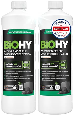 BiOHY Nettoyeur de sol pour robot laveur Station avec parfum orange (2 x 1 litre) | Nettoyant concentré pour tous les types de balai et robot aspirateur avec fonction humide | Faible mousse et sans