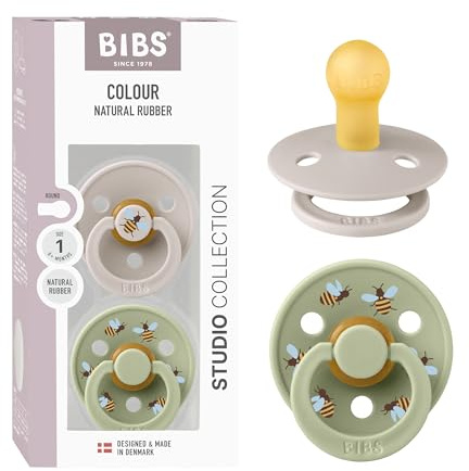 BIBS Colour Studio Soother 2-Pack, BPA Free Dummy Pacifier, Round Nipple. Natural Rubber Latex, Made in Denmark, Size 1 (0-6 Months), Mushroom/Sage