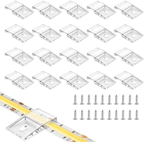 20 Clips de Fixation Transparents pour Bandes Lumineuses Auto-Adhésifs avec Vis Support Fixation Bande Lumière Clips pour bandes Lumineuses à LED de 10 mm de Large, IP30/65