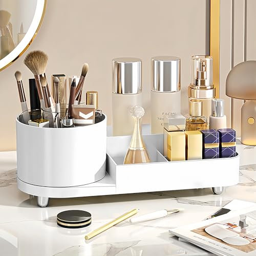 Lacusmall 360° Drehbar Make up Organisator, 2-in-1 Kosmetischer Organizer,Multifunktionale Kosmetikaufbewahrung für Frisiertisch, Bad und Schlafzimmer(Weiß)