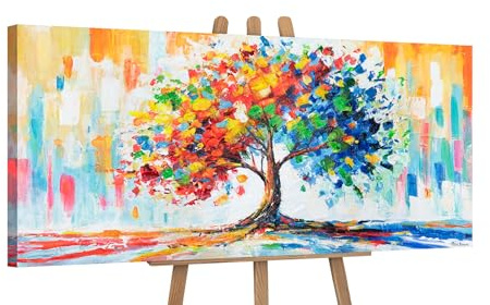 YS-Art Dipinto con albero Belle immagini acriliche colorate su tela dipinta a mano murale pittura acrilica moderna decorazione per la casa immagini ufficio vera arte 115x50 cm