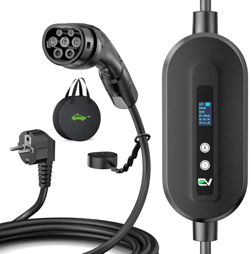 Evjuicion Cargador para Coche eléctrico [8m, 6-16 A] Cable de Carga para Coche eléctrico con Pantalla LCD, retardo de 0-12 h, IP65 Impermeable, IEC 62196-2,Compatible con vehículos eléctricos/PHEV