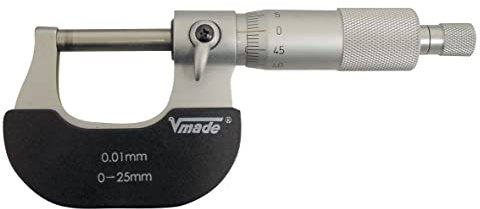 Micrómetro analógico de exteriores, precisión de 0.01 mm, rango hasta 25 mm, ideal para mediciones de piezas mecánicas y calibraciones.