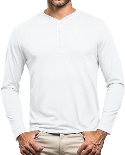 Volemo Tshirt Uomo Cotone Henley Shirt Maglietta con Bottoni Casual Top T-Shirt Manica Lunga Bianco XXXL