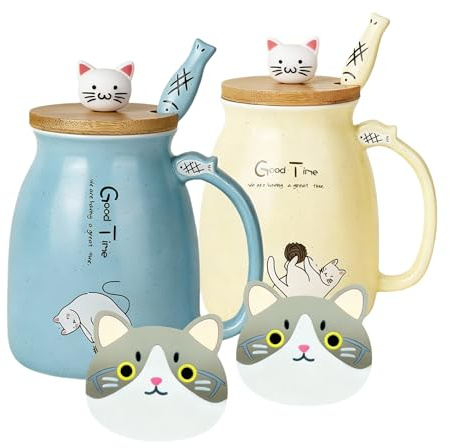 2-pack kattkoppar söta kaffekoppar av keramik i en uppsättning om 2 med bambulock och sked nyhet kaffemjölk te bägare djur kattkoppar för kattälskare kvinnor (blå och gul)