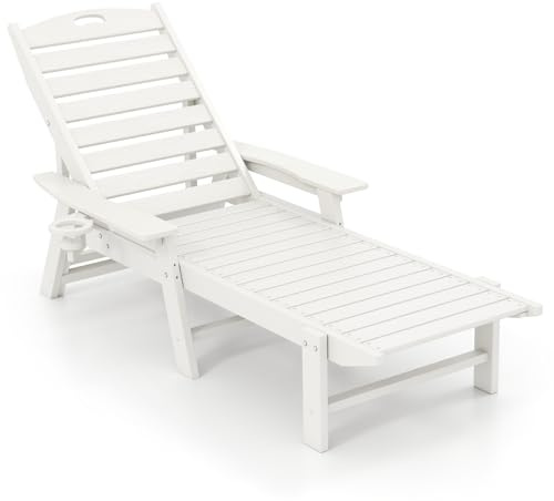 COSTWAY Bain de Soleil en HDPE Réglable sur 4 Niveaux, Blanc | Chaise Longue Extérieure avec Porte-gobelet, Charge 150 kg, Design à Lattes, Transat Inclinable pour Jardin Piscine Terrasse