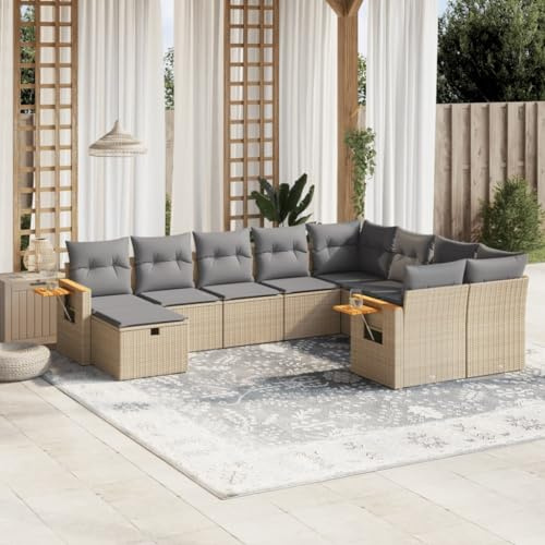 Qnhdfrt Set di 10 divani da giardino, in rattan sintetico, beige, con cuscino, spazio di archiviazione e tavolo pieghevole, per terrazza, giardino e balcone