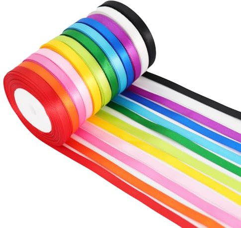 Multicolor Satin Ribbons for Crafting 6mm Rainbow Colorful Ribbon for Gift Wrapping Birthday Party Decorations, Double Face Thin Ribbon Hair Ribbons 12 Colours 10Yards Each, Total 120 Yds