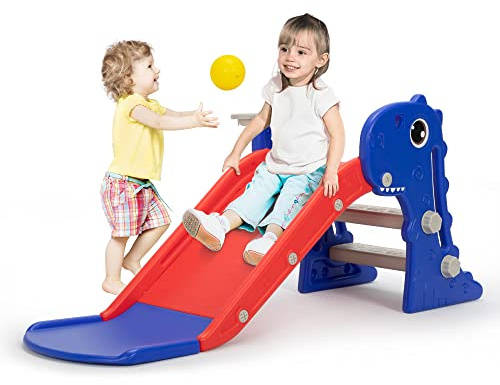 Tobogán 3 en 1 para niños pequeños, juego de escalada para niños con canasta de baloncesto, zona de juegos interior y exterior para niños, diseño plegable, tobogán independiente para bebé, fácil