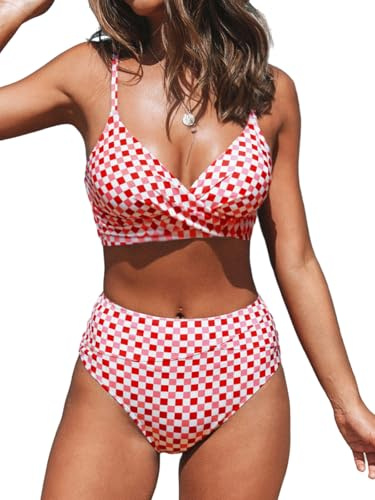 CUPSHE Bikini da Donna, con Bustino, Bikini a Vita Alta, Elegante Costume da Bagno in Due Pezzi | Scollo a V, materiale testurizzato che lusinga la figura, spalline regolabili, volant sul retro, perfetto per le vacanze al