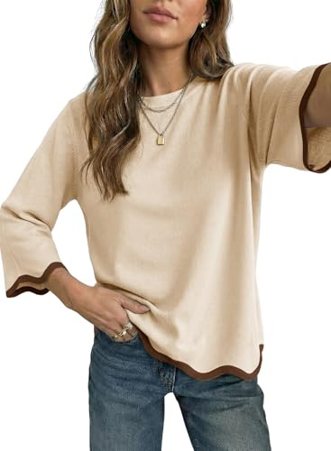 Dokotoo Women's Wool Sweaters Trendy Casual Crewneck 3/4 Sleeve Business Casual Knit Pullover Tops 2026 Spring Summer Fall Lightweight Color Block Ruffle Hem Comfort Womens Clothes Apricot