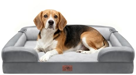 SongPuppy Waterproof Orthopedic Dog Bed for Extra Large Sized Dogs | Memory Foam Pet Bed Sofa with Bolster, Dog Couch with Washable Cover & Non-Slip Bottom, 91x66x18cm, Grey