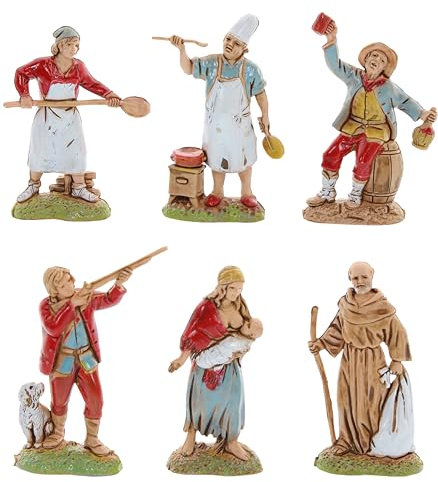 Moranduzzo Ensemble 6 Bergers Napolitains pour Crèche de 6 cm Échelle 1:32 – Mini 6 – Figurine Incassable, Style '700, Peinte à la Main, Sculpteur M. Landi, Fabriqué en Italie