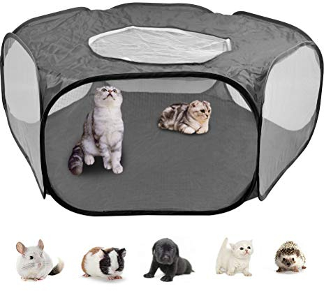 DODUOS Kleintier Laufstall Atmungsaktives Transparentes Kleintierkäfig Zelt mit oberer Abdeckung Freilaufgehege Tierlaufstall Faltbares Hofzaun für Meerschweinchen, Kaninchen, Hamster, Igel (Schwarz)