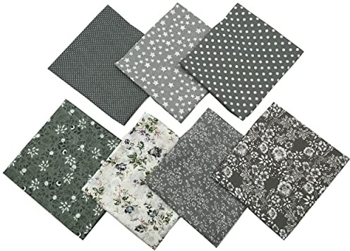 Jukway 7 stycken fyrkantiga bomullstyger, 50 x 50 cm, för lapptäcke, sömnad, kviltning, pyssel, gör-det-själv-dekoration, hantverk, ren bomull, tryckt med olika mönster (grå)