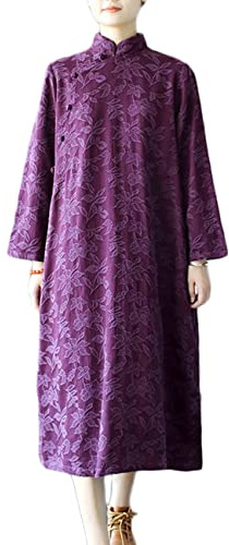 NFYM Vestido chino cheongsam para mujer, de algodón, jacquard, Qipao, largo, étnico, moderno, para otoño e invierno, Púrpura, Talla única