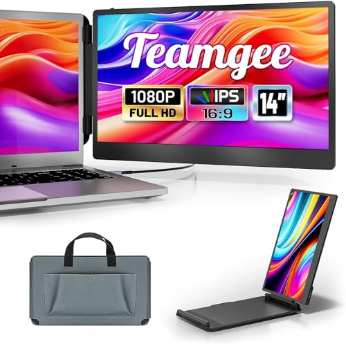 Teamgee Laptop Monitor erweiterung, 14 FHD 1080P IPS Portable Monitor für Laptop, Eingebauter Stand/Lautsprecher, Dual Screen für 13“-17“ Laptops, Plug & Play Geeignet für Mac, Wins, Android
