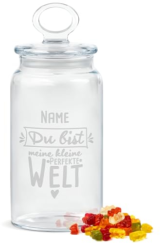 PR Print Royal Personalisierte Keksdose aus Glas mit Gravur - 1100 ml - Du bist meine perfekte Welt mit Name als Geschenk für Frauen zum Jahrestag | Personalisiertes Geschenk Ideen Geburtstag