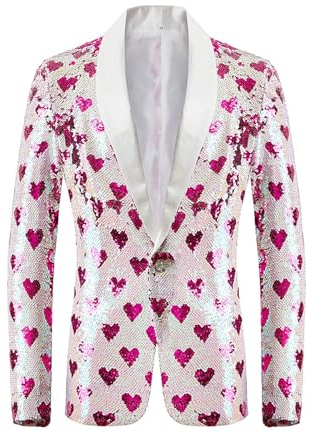 FNKDOR Glitzer Herz Pailletten Sakko Herren Anzugjacke Moderne Party Anzug Männer Blazers Abendanzug (Pink, M)