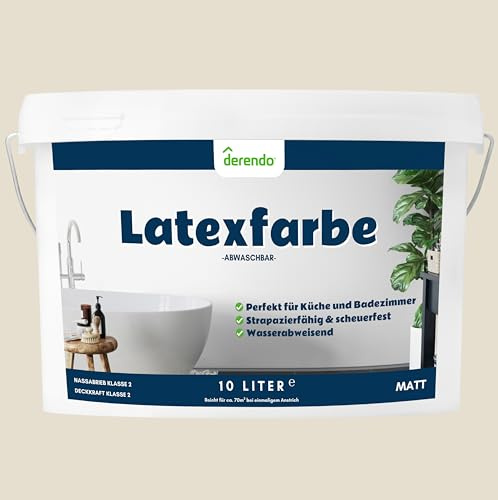 derendo Latexfarbe beige graubeige matt abwaschbar 10 Liter für Innen Küche streichen Badezimmer Wandfarbe hohe deckkraft deckend