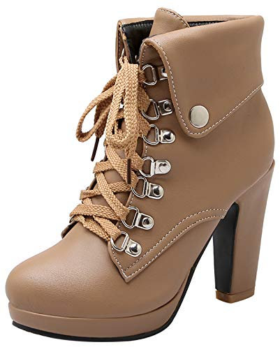 Renessmi con Risvolto Military Donna Cordoncino Moda Plateau Stivali Punta Rotonda Inverno Tacco Alto a Blocco Biker Polacchine Footwear Apricot Numero 33 EU