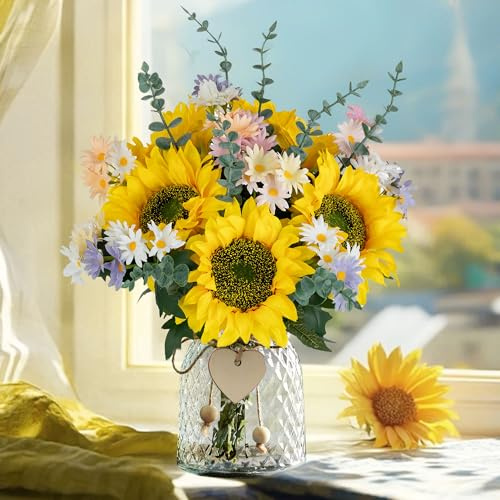 BLOSMON Sunflower Fake Flowers in Vase: Sunflowers Artificial Flowers with Vase for Table Centerpieces Decor - Silk Flower Bouquet Faux Arrangements Kitchen Bathroom Wedding Party Decoration