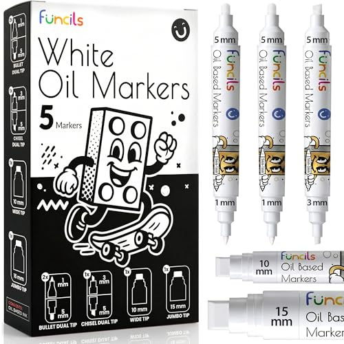 Funcils 5 Oil White Paint Pen (3 Dual Tip + 10mm, 15mm Jumbo) - Oil Based Paint Markers for Metal, Fabric, Glass, Automotive Tire, Furniture Touch Up Wood & Plastic Surfaces - Waterproof & Permanent