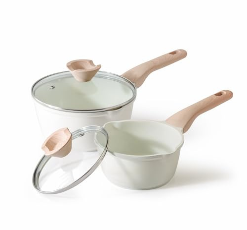 Kordisen Sauce Pan Set with Lid, 16cm+ 20cm Nonstick Cooking Pots with Pour Spout, Easy to Clean, Small Kitchen Induction Saucepan with Ceramic Coating, PFOA/PFOS Free (Cream)