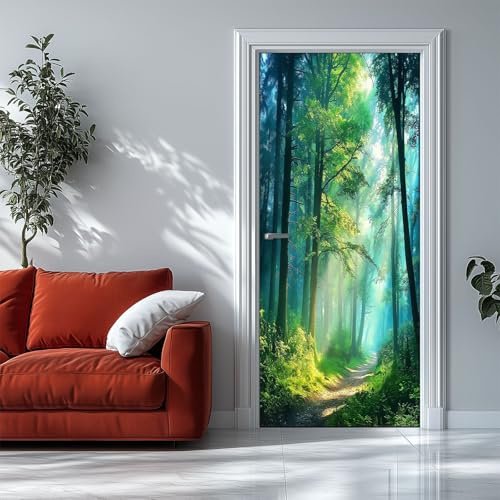 Pegatinas Para Puertas Atardecer En El Bosque 90x200 cm Verde 3d Mural Autoadhesivo Decoración Del Hogar, Pegatina de Pared Arte Dormitorio Cristal BañO Extrable