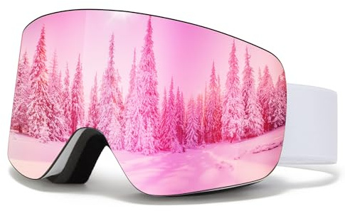 JQF Gear Gafas de Esquí,YH227 Gafas Esqui OTG para Unisex Ajustable Tamaño Protección UV Anti-Niebla Snowboard Nieve Espejo para Ski Ciclismo Deportes de Invierno (04-REVO Rosa/Blanco VLT 14%)